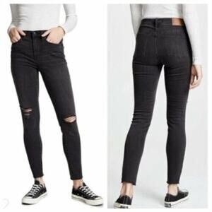 MADEWELL 9" Mid-Rise Skinny Raw Hem‎ Distressed Ripped Knee Black Grey Jean 28